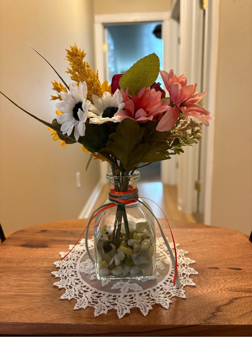 Artificial Mixed Floral Bouquet in Clear Glass Vase - Pink, White & Yellow